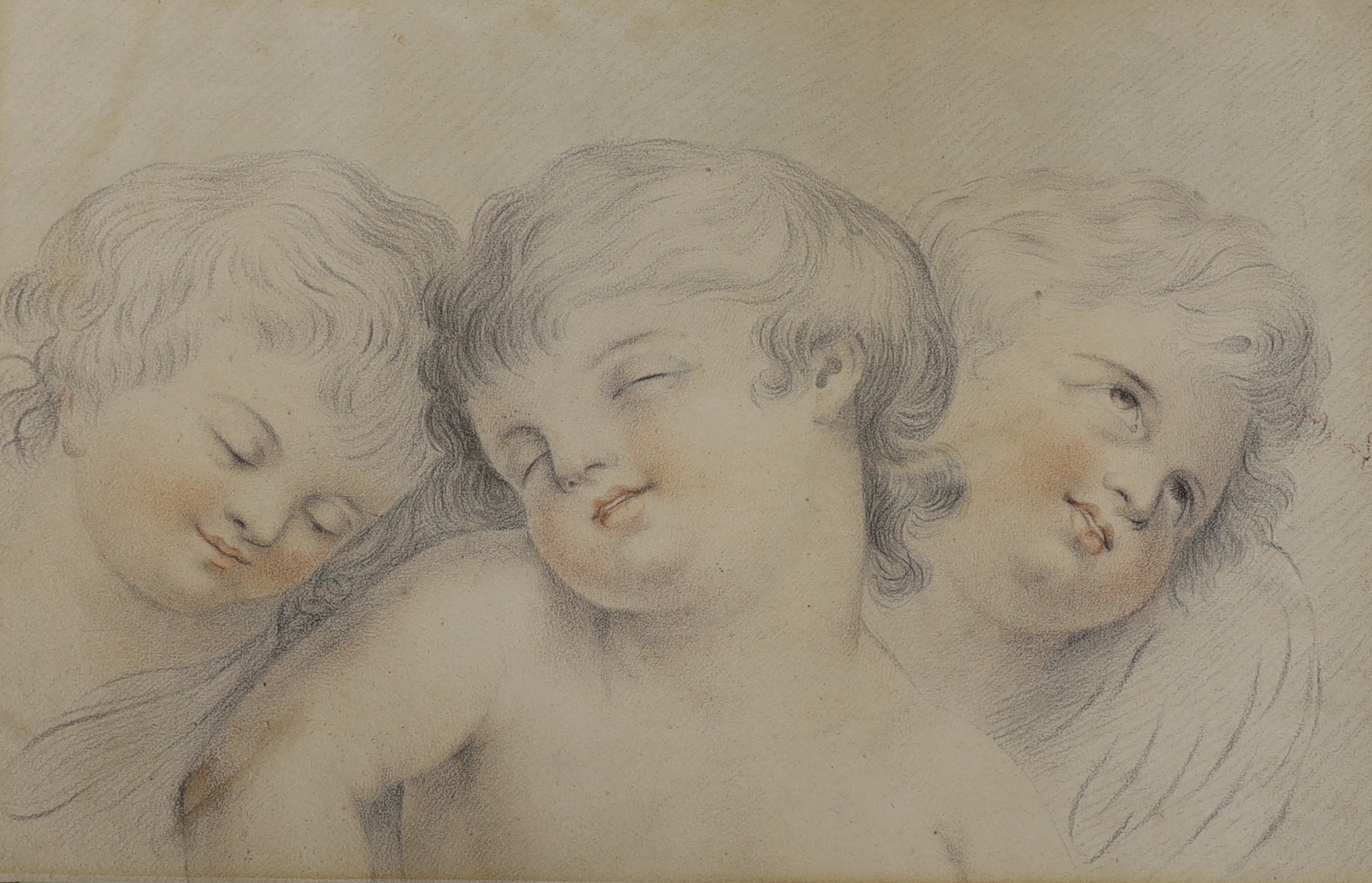 Attributed to Giovanni Battista Cipriani RA (Italian, 1727-1785), old master chalk, Three cherubs, mounted, unframed, 18 x 29cm